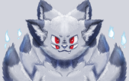 A portrait of a fox monster looking forwards. They have two pairs of crimson eyes, and two pairs of ears with black tips. A small snagglefang peeks from their lips. Behind them, six black-tipped kitsune tails stand upwards, and blue fire (kitsunebi) floats among them.
